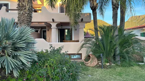 Il giardino con le palme e le terrazze della villa